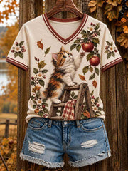 Women's Autumn Cute Cat Art Short Sleeve T-shirt