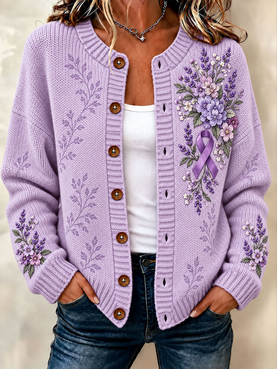 Women's Alzheimer's Disease Purple Floral Cardigan-Style Knit Jacket