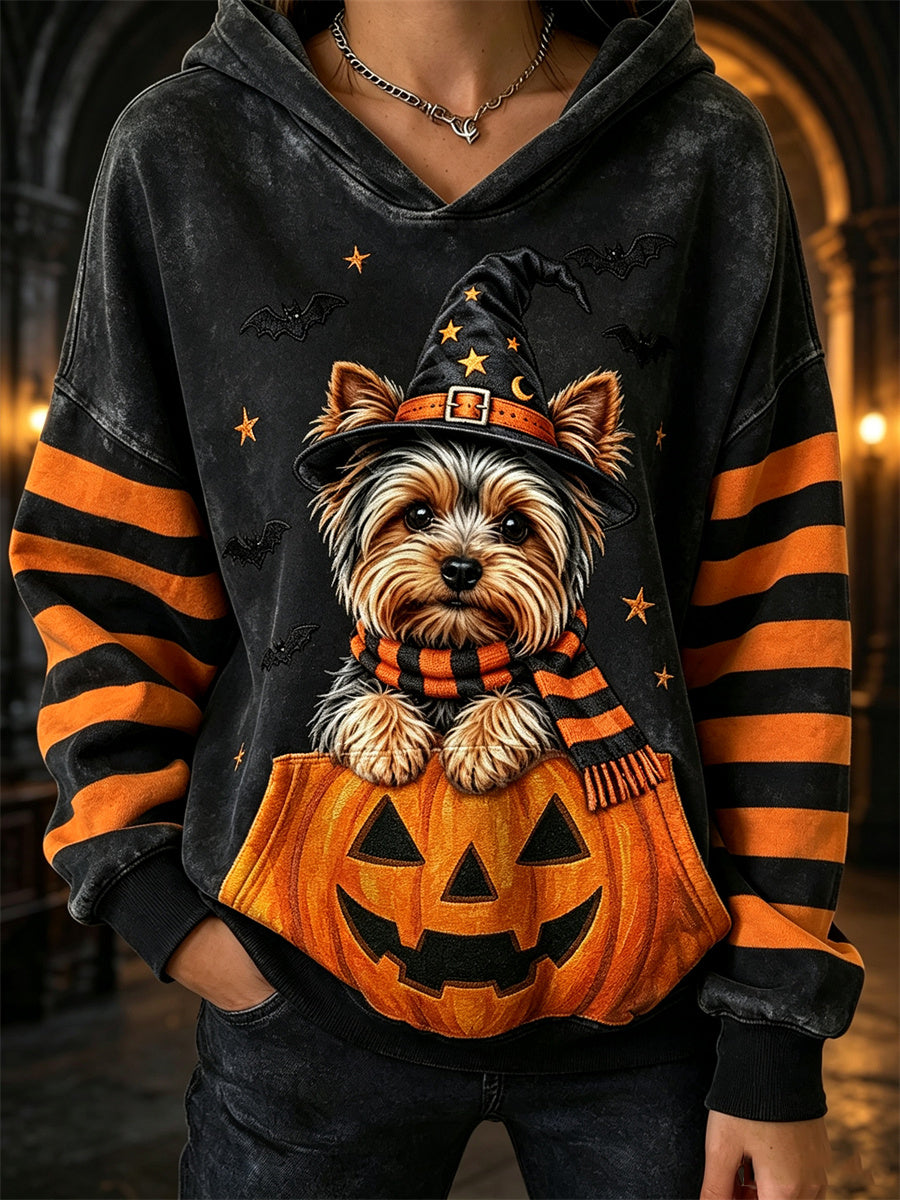 Women's Halloween Peeking Yorkie Dog Witch & Pumpkin Print Cozy Hoodie