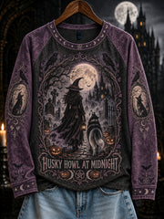 Women's Halloween Witch and Dog Pattern Leisure Long Sleeve T-Shirt