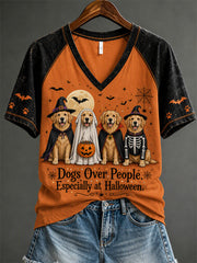 Women's Halloween Fun Dog Pattern Casual Short Sleeve T-Shirt