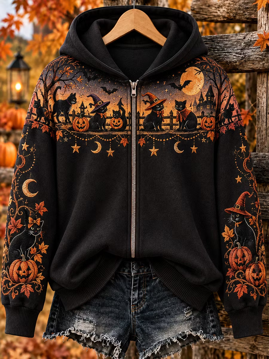 Women's Halloween Witch Cat  Zip-Up Hoodie