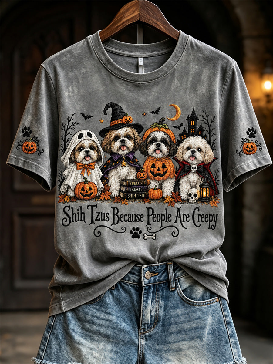 Women's Shih Tzus Because People Are Creepy Halloween Dogs Print short-sleeved T-shirt