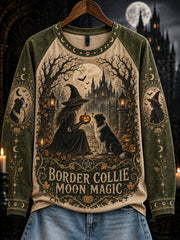 Women's Halloween Witch and Dog Pattern Leisure Long Sleeve T-Shirt
