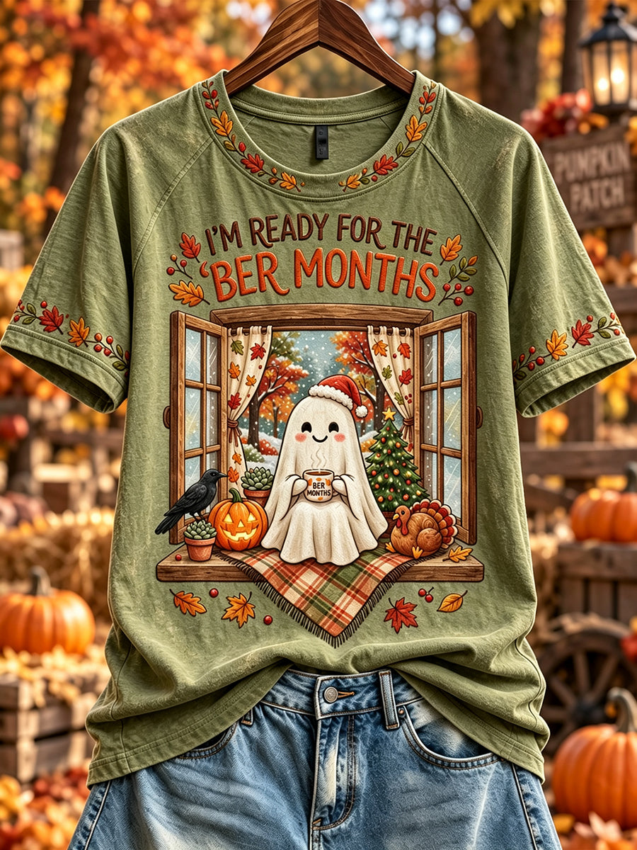 Women's Vintage I'm Ready For The 'ber Months Ghost Print Short Sleeve T-shirt
