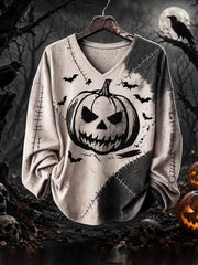 Women's Halloween Pumpkin Face Print Casual V-Neck Long-Sleeve T-Shirt