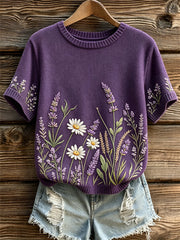 Women's purple flowers pattern printed causal short-sleeved sweater