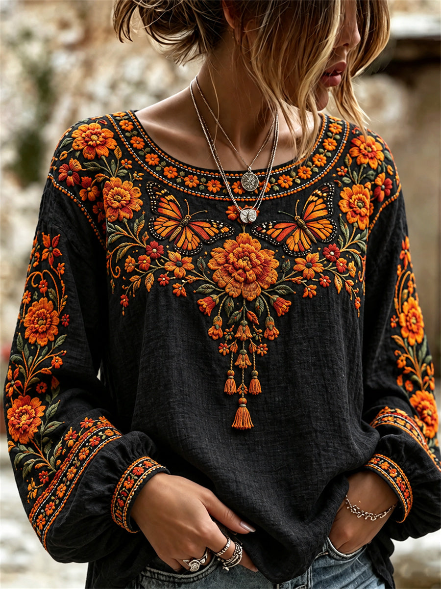 Women's Day of the Dead Monarch Butterflies & Marigolds Floral Print Shirt