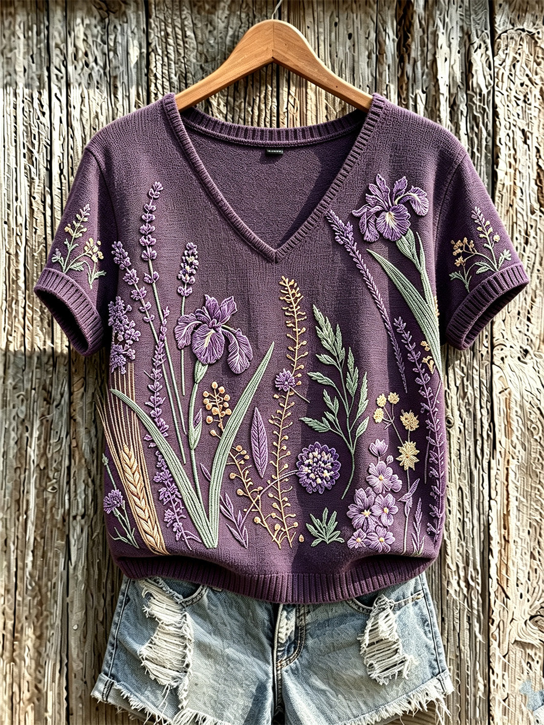 Women's purple flowers pattern printed causal short-sleeved sweater