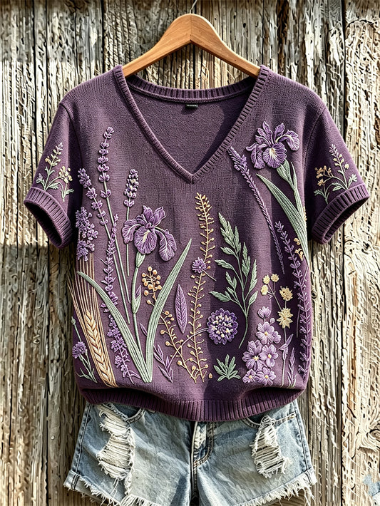 Women's purple flowers pattern printed causal short-sleeved sweater