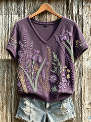 Women's purple flowers pattern printed causal short-sleeved sweater