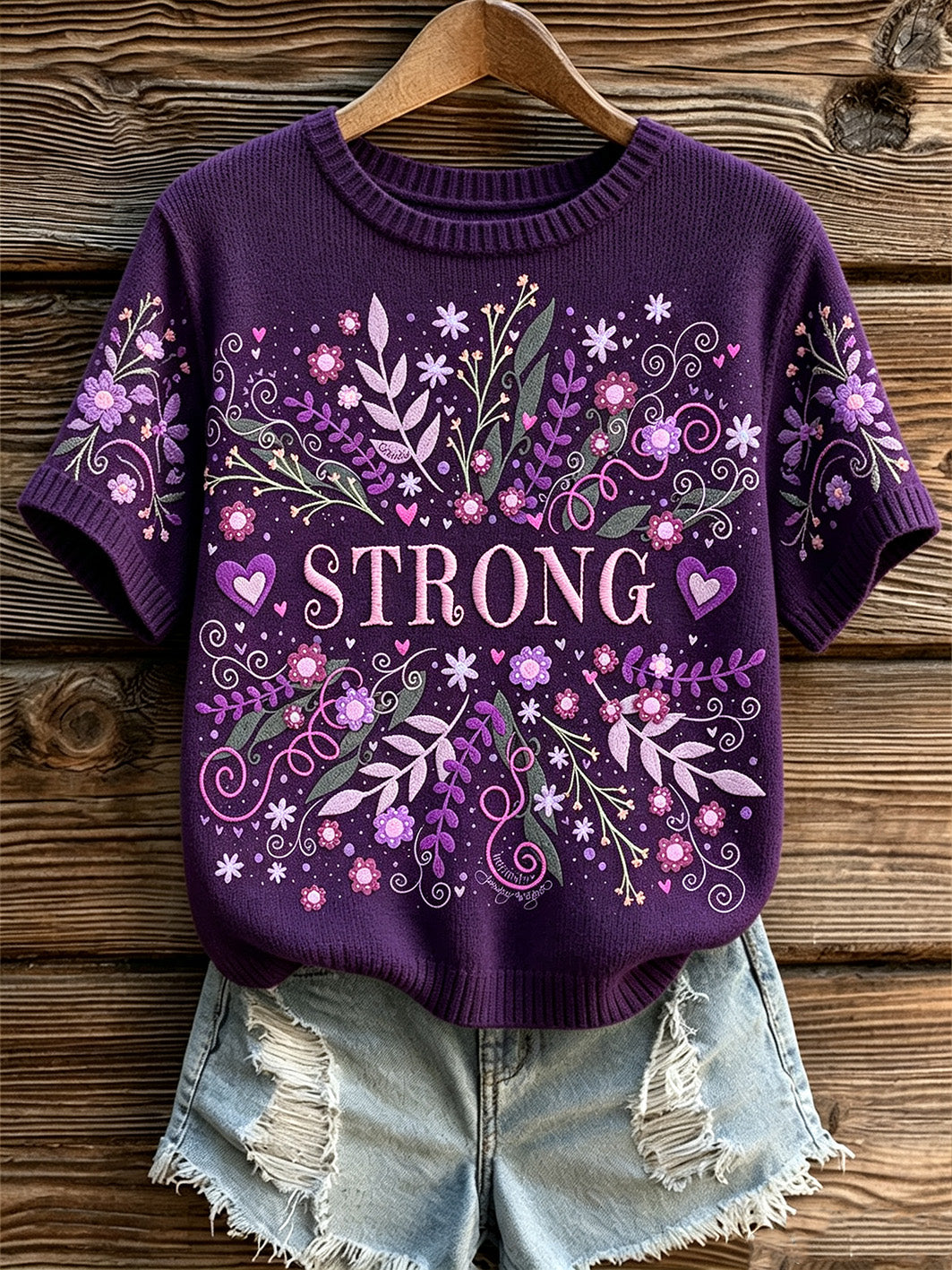 Women's purple flowers pattern printed causal short-sleeved sweater