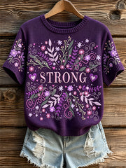 Women's purple flowers pattern printed causal short-sleeved sweater