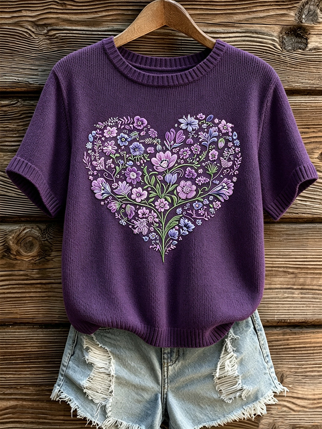 Women's purple flowers pattern printed causal short-sleeved sweater