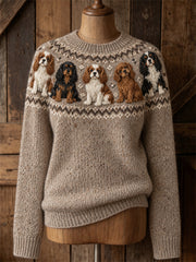 Women's Vintage Cavalier Dogs Yoke Isle Print Cozy crew neck sweater