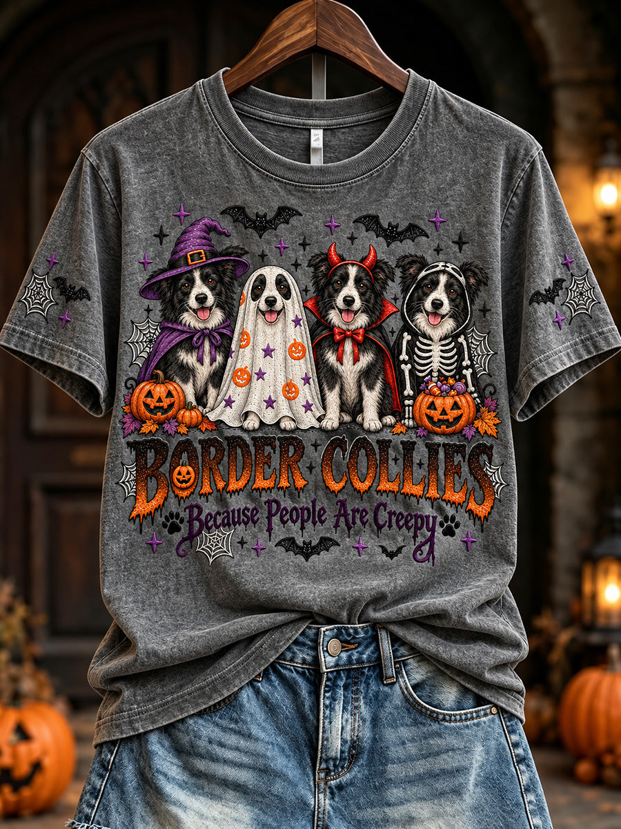 Women's Vintage Halloween Border Collies Because People Are Creepy Print Short-sleeved T-shirt