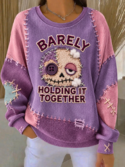 Women's Patchwork-Style Skull Funny Slogan Ribbed Round-Neck Sweatshirt