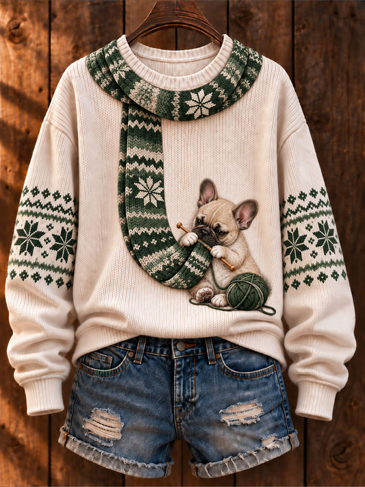 Women's "Dog Knitting a Scarf" French Bulldog Art-Print Casual Sweater