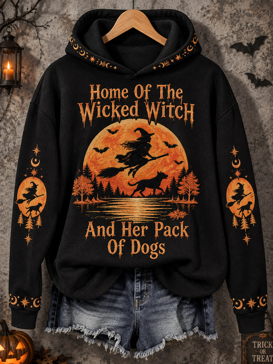 Women's Funny Halloween Home Of The Wicked Witch And Her Pack Of Dogs Print Casual Hoodie