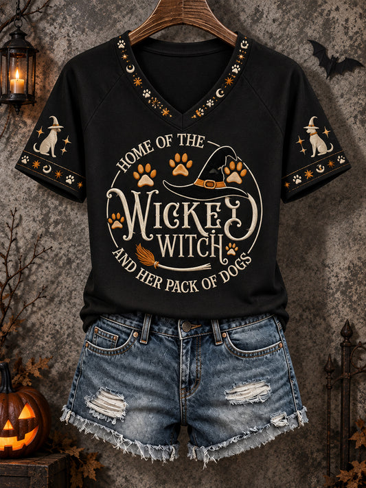 Women's Funny Halloween Home Of The Wicked Witch And Her Pack Of Dogs Print Casual V-Neck Tee