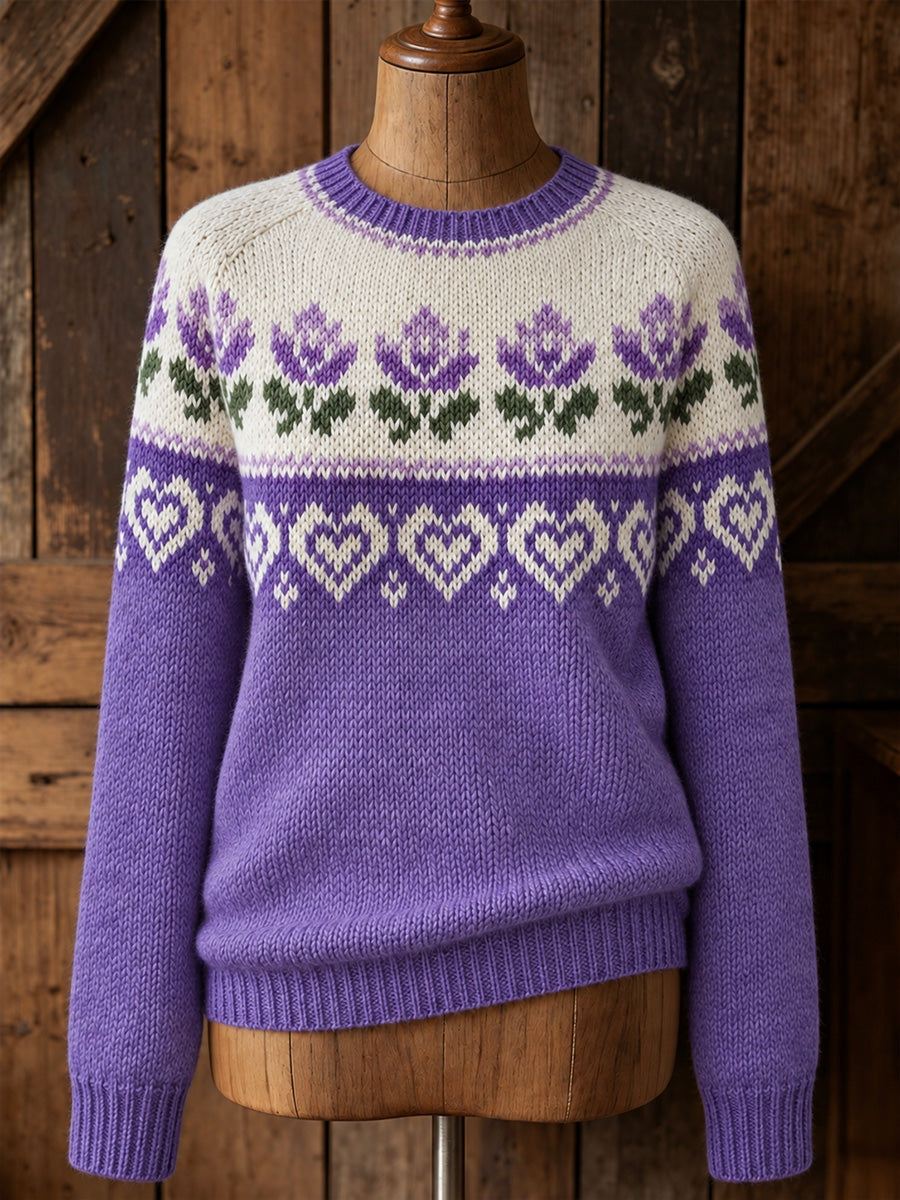Women's Vintage Purple Floral Yoke Isle Print Cozy Sweater