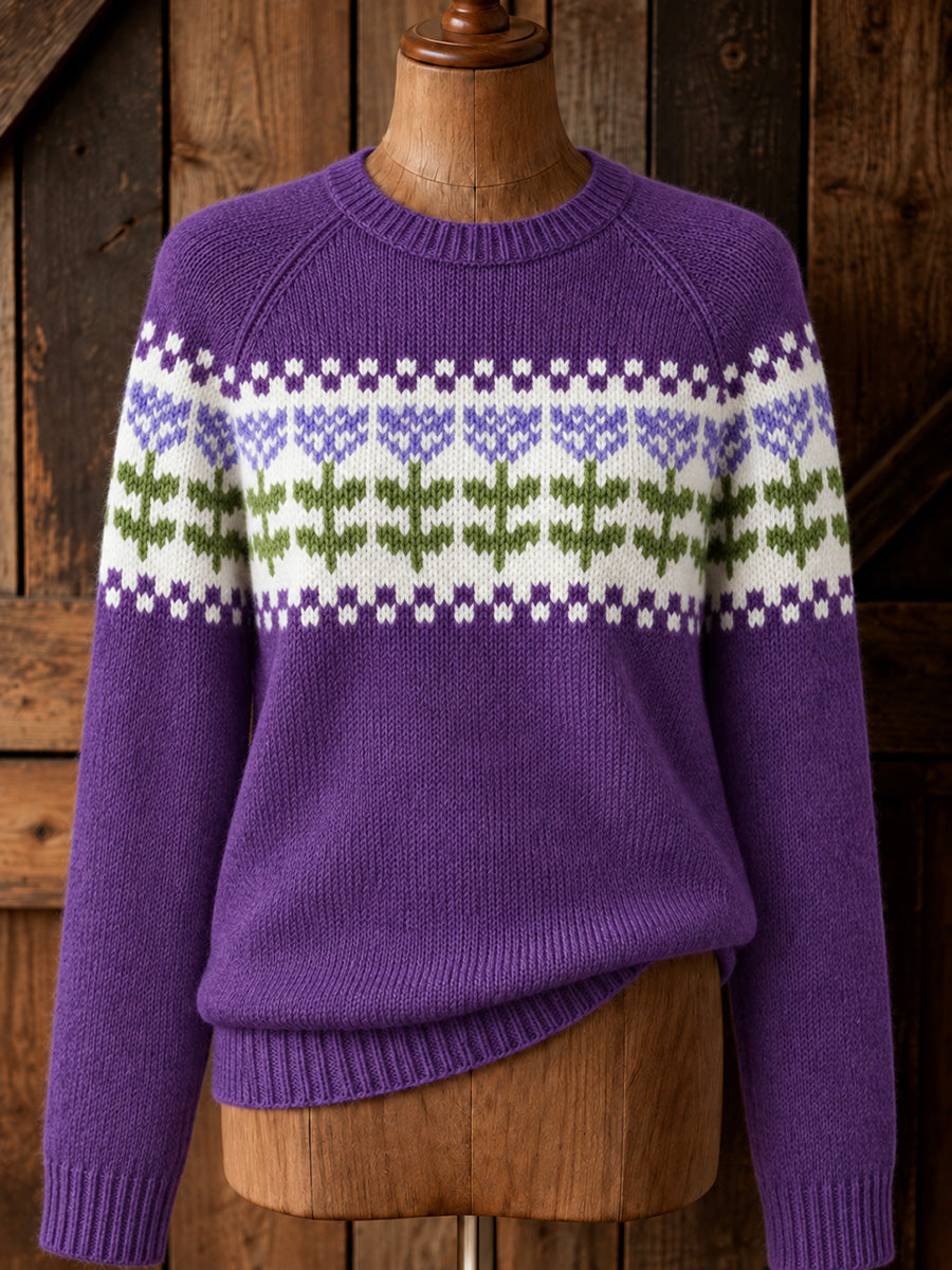 Women's Vintage Purple Floral Yoke Isle Print Cozy Sweater