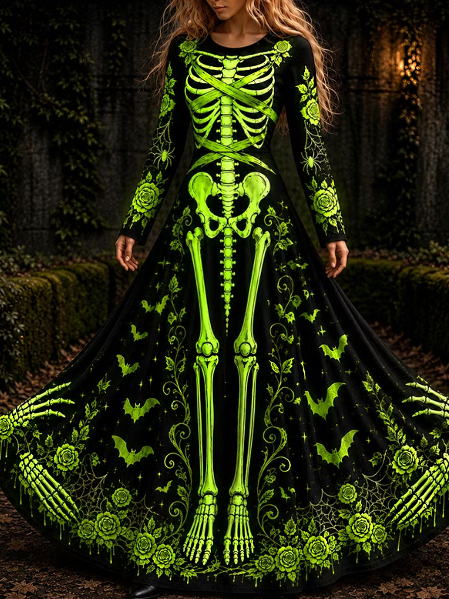 Women's Vintage Halloween Skeleton And Floral Art Print Crew Neck Long Sleeve Maxi Dress