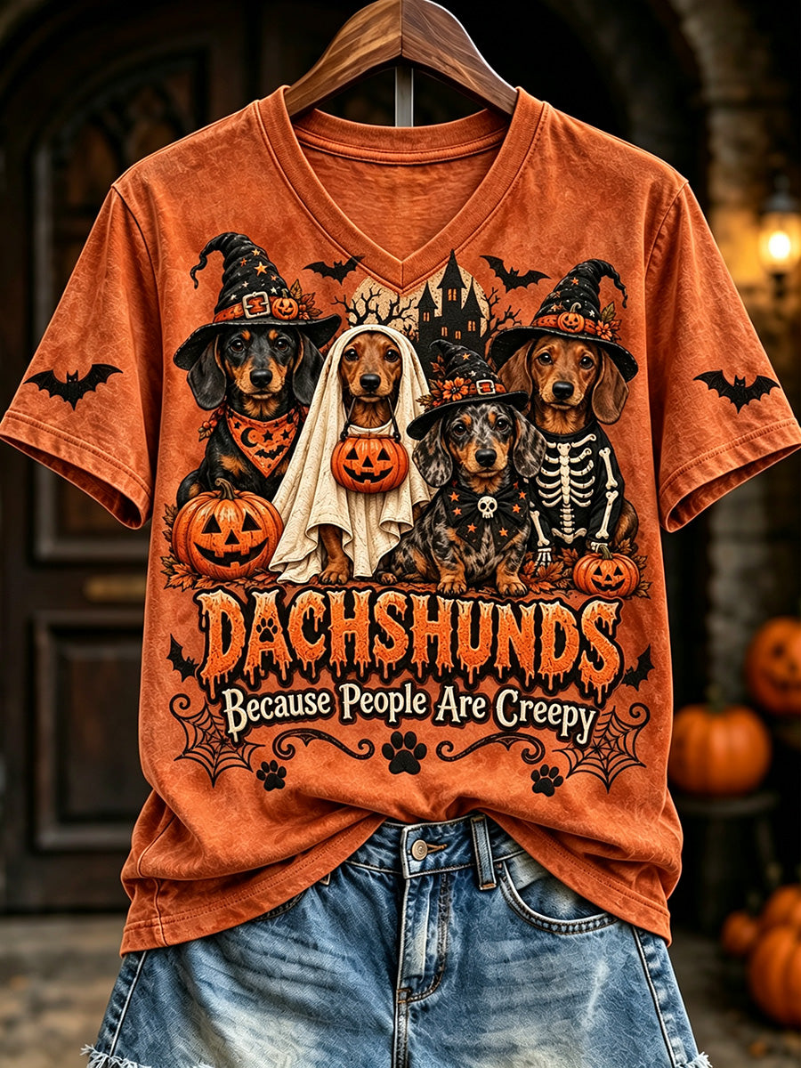 Women's Dachshunds Because People Are Creepy Halloween Print Short-sleeved T-shirt