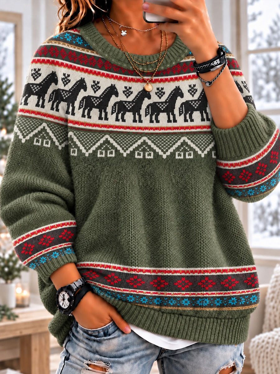 Women's Nordic Countryside Horses Long Sleeve Crewneck Sweater