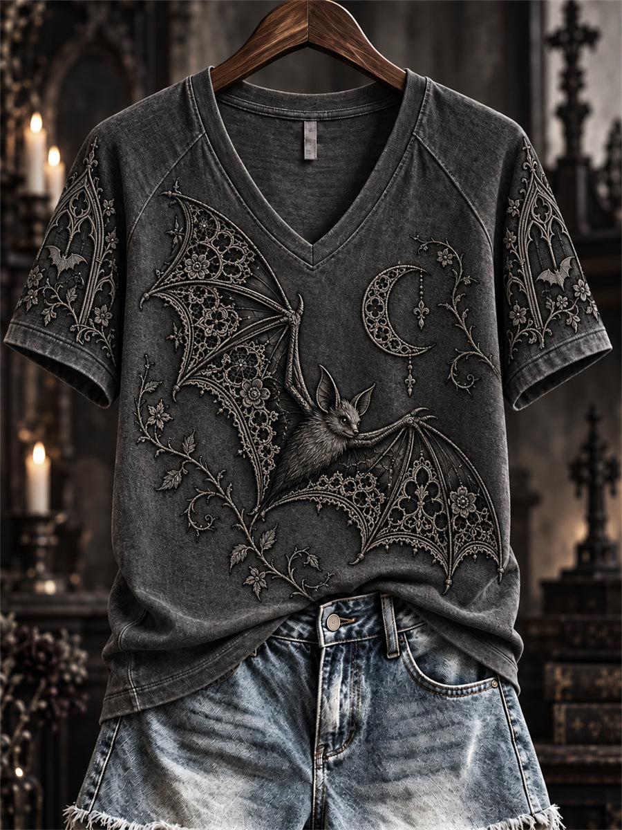 Women's Halloween Gothic Lace Bat Art Print short-sleeved T-shirt