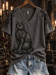 Women's Halloween Gothic Lace Veiled Black Cat Art Print short-sleeved T-shirt