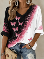 Women's Breast Cancer Mid-length Sleeves V-Neck T-Shirt