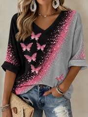 Women's Breast Cancer Mid-length Sleeves V-Neck T-Shirt