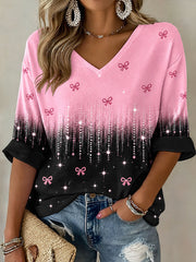 Women's Breast Cancer Awareness Mid-length Sleeves V-Neck T-Shirt
