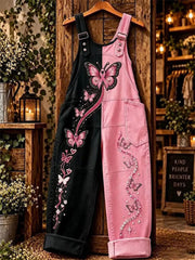 Women's Breast Cancer Awareness Butterfly Print Denim Jumpsuit