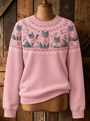 Women's Cat Pattern and Pink Charity Ribbon Design Casual Raglan Sleeve Sweatshirt