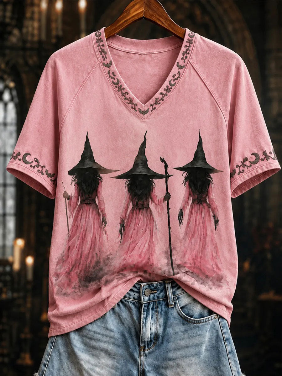 Women's Breast Cancer Awareness Witch Print V-neck T-shirt