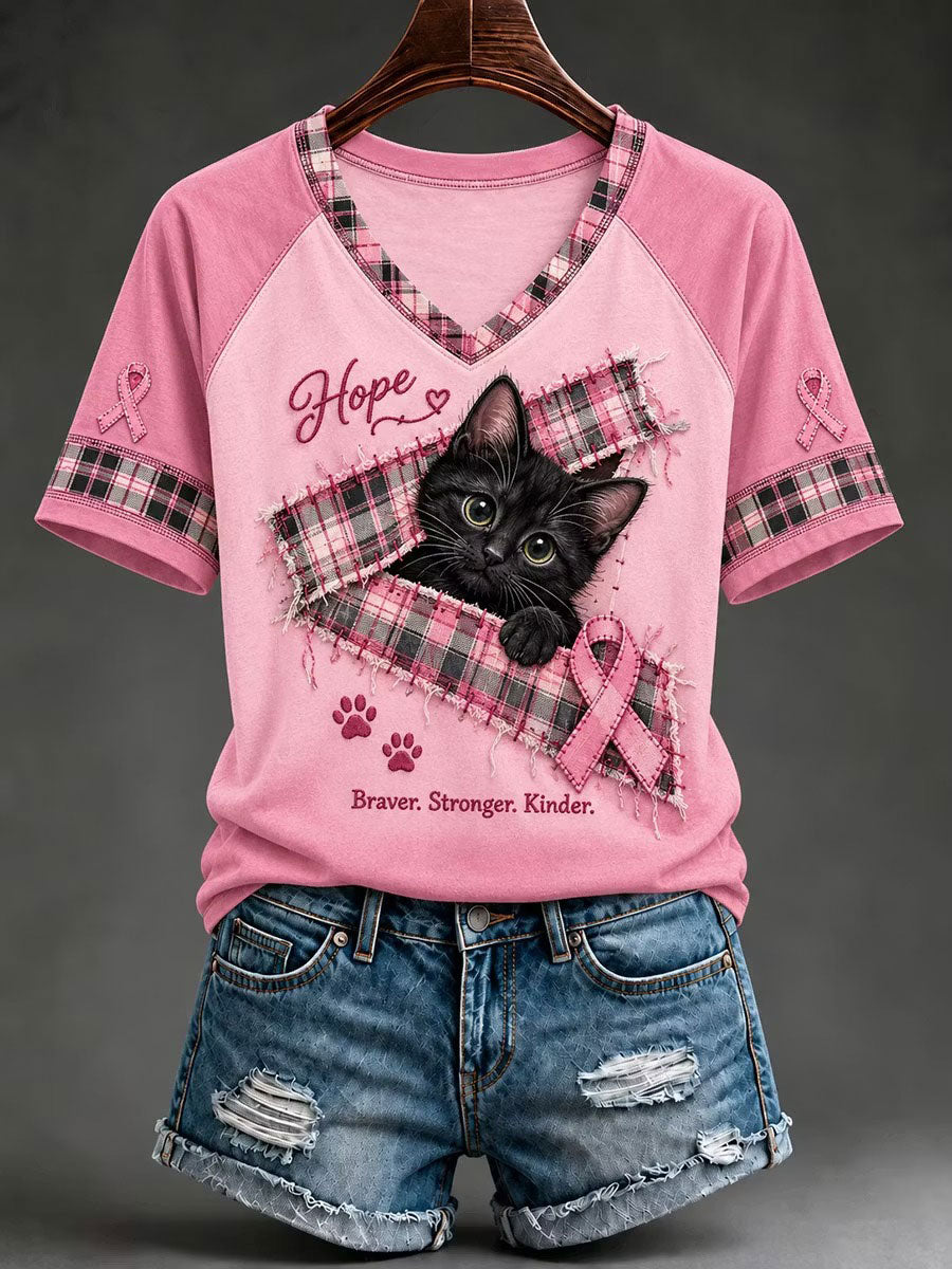 Women's Breast Cancer Awareness Black Cat Print V-neck T-shirt