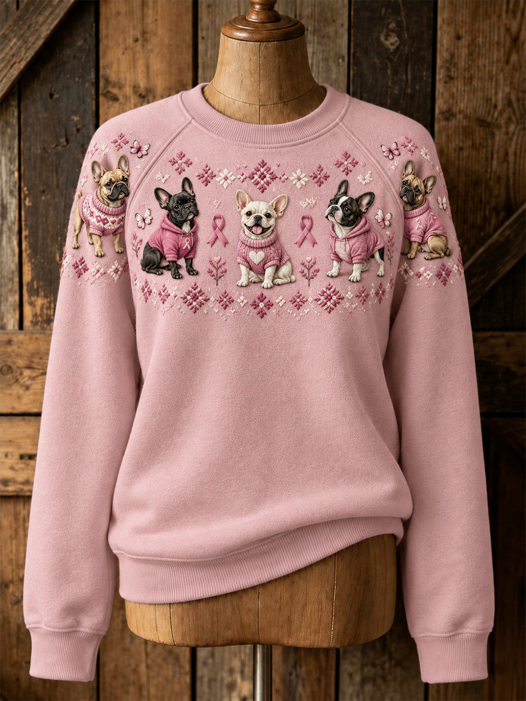 Women's Dog Pattern and Pink Charity Ribbon Design Casual Raglan Sleeve Sweatshirt
