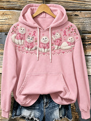 Women's Cat Pattern and Pink Charity Ribbon Design Casual Hoodie