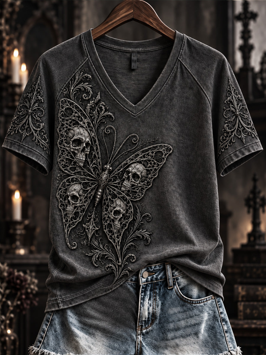 Women's Vintage Halloween Gothic Print V-neck Short-sleeved T-shirt
