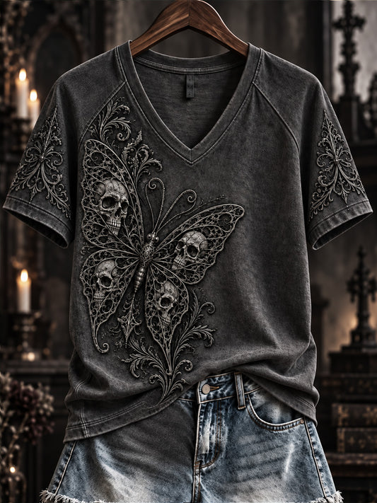 Women's Vintage Halloween Gothic Print V-neck Short-sleeved T-shirt