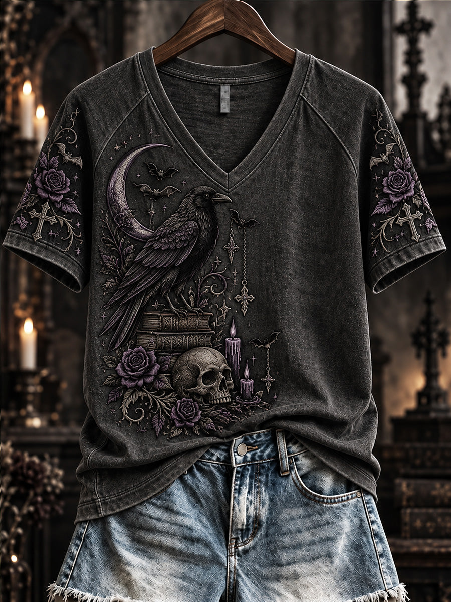 Women's Vintage Halloween Gothic Print V-neck Short-sleeved T-shirt