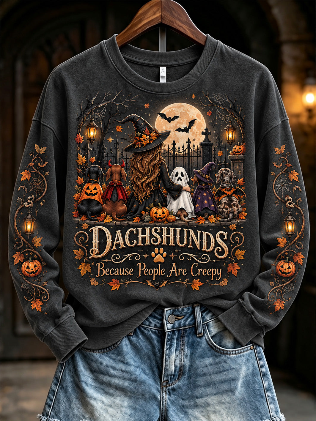 Women's Halloween-themed witch and dog pattern casual sweatshirt