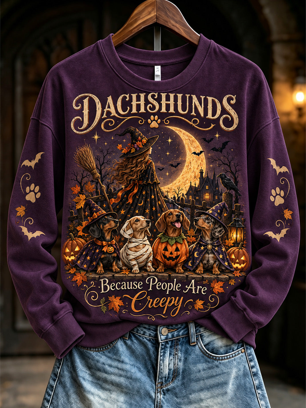 Women's Halloween-themed witch and dog pattern casual sweatshirt