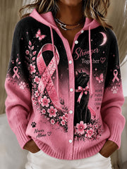 Women's Breast Cancer Cat Print Casual Hoodie Cardigan