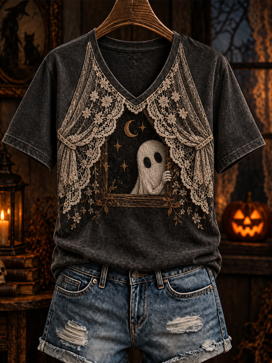 Women's Halloween Gothic-style lace and Boo pattern print casual short-sleeve T-shirt.