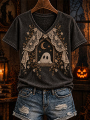 Women's Halloween Gothic-style lace and Boo pattern print casual short-sleeve T-shirt.