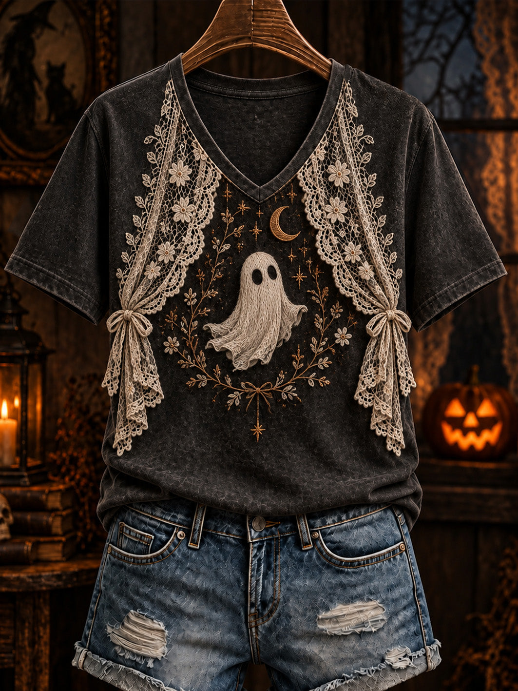 Women's Halloween Gothic-style lace and Boo pattern print casual short-sleeve T-shirt.