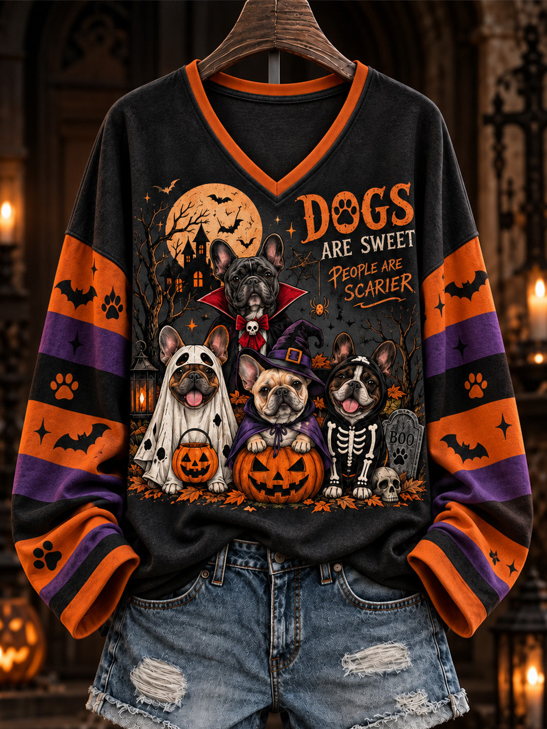 Women's Halloween-Themed Dog Pattern Casual V-Neck T-Shirt